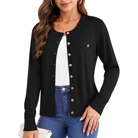 Uvplove Womens Cardigan Button Down Long Sleeve Soft Knit Crew Neck Sweater,Black,M-3XL