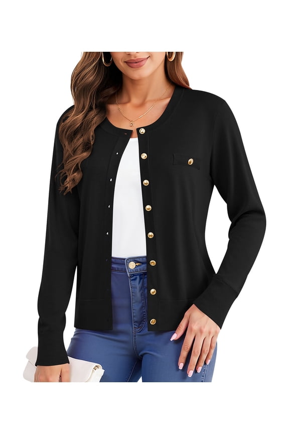 Womens Cardigan Button Down Long Sleeve Soft Knit Crew Neck Sweater,Black,M-3XL