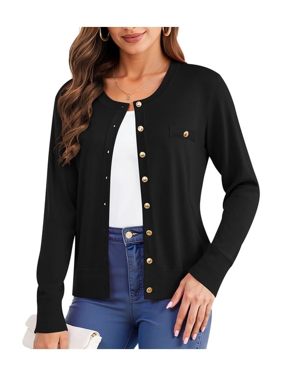 Womens Cardigan Button Down Long Sleeve Soft Knit Crew Neck Sweater,Black,M-3XL
