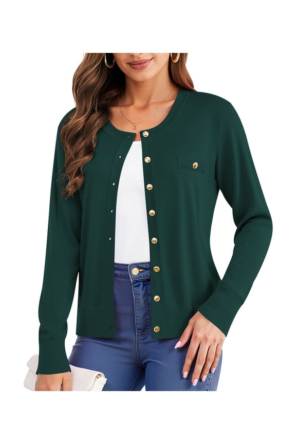 Womens Cardigan Button Down Long Sleeve Soft Knit Crew Neck Sweater,Dark Green,M-3XL