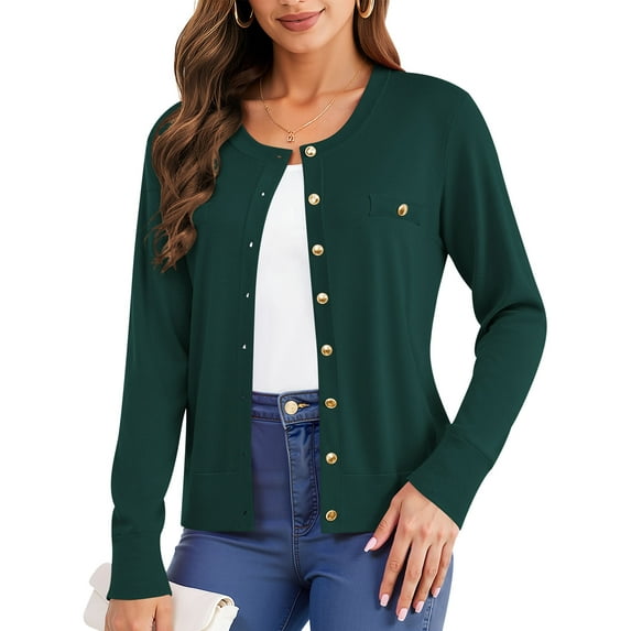 Uvplove Womens Cardigan Button Down Long Sleeve Soft Knit Crew Neck Sweater,Dark Green,M-3XL