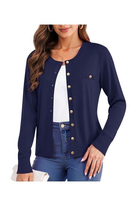 Womens Cardigan Button Down Long Sleeve Soft Knit Crew Neck Sweater,Navy Blue,M-3XL