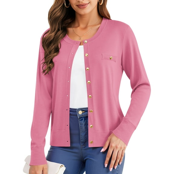 Uvplove Womens Cardigan Button Down Long Sleeve Soft Knit Crew Neck Sweater,Pink,M-3XL