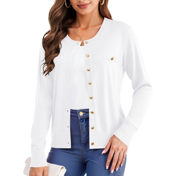 Uvplove Womens Cardigan Button Down Long Sleeve Soft Knit Crew Neck Sweater,White,M-3XL