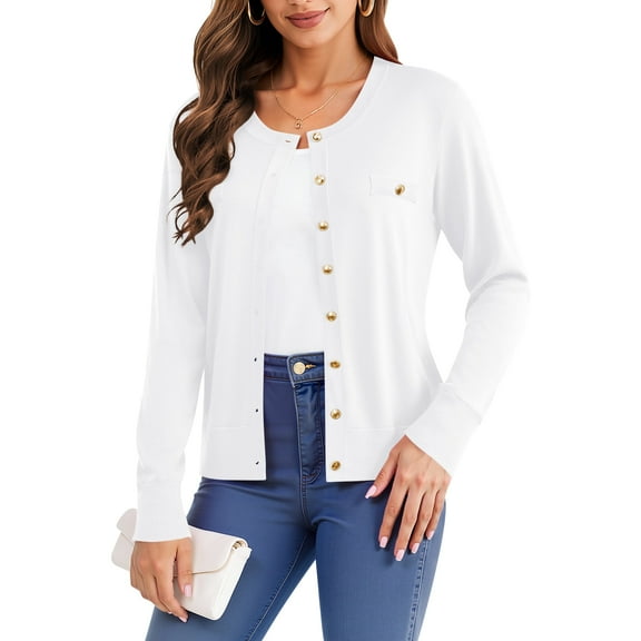 Uvplove Womens Cardigan Button Down Long Sleeve Soft Knit Crew Neck Sweater,White,M-3XL