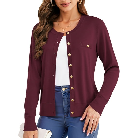 Uvplove Womens Cardigan Button Down Long Sleeve Soft Knit Crew Neck Sweater,Wine Red,M-3XL