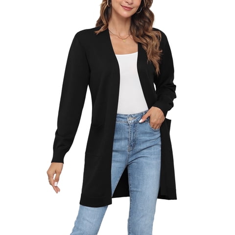 Womens Classic Draped Long Sleeve Open Front Casual Knit Sweater Cardigan,Black,L,S-2XL