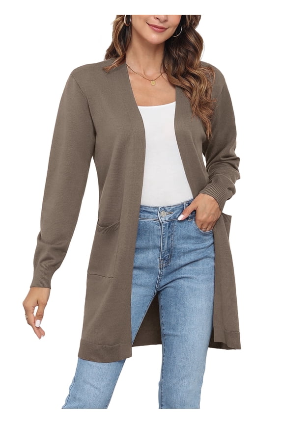 Womens Classic Draped Long Sleeve Open Front Casual Knit Sweater Cardigan,Brown,XXL,S-2XL