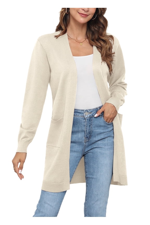 Womens Classic Draped Long Sleeve Open Front Casual Knit Sweater Cardigan,Apricot,L,S-2XL