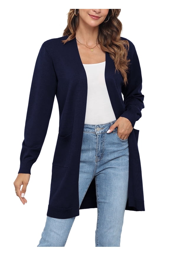 Womens Classic Draped Long Sleeve Open Front Casual Knit Sweater Cardigan,Navy Blue,L,S-2XL