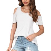 Uvplove Womens Cold Shoulder T Shirts Summer Crew neck Short Sleeve Tops White-L