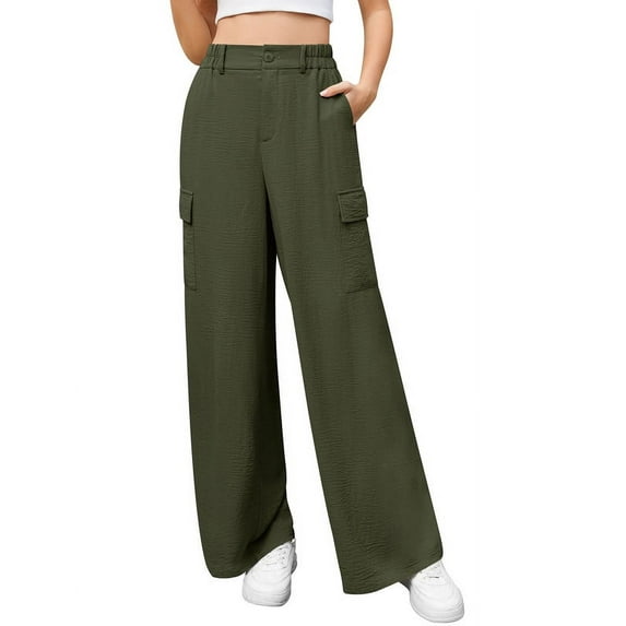 Uvplove Womens High Waisted Wide Leg Cargo Pants Baggy Casual Work Trousers with 4 Pockets,Army Green,M