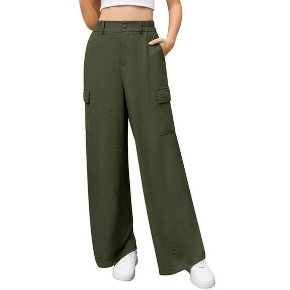 Uvplove Womens High Waisted Wide Leg Cargo Pants Baggy Casual Work Trousers with 4 Pockets,Army Green,S