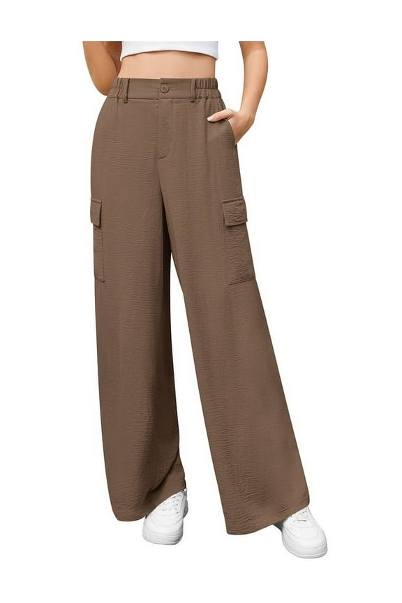 Womens High Waisted Wide Leg Cargo Pants Baggy Casual Work Trousers with 4 Pockets,Brown,L