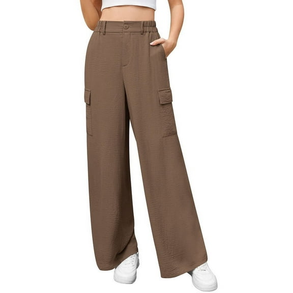Uvplove Womens High Waisted Wide Leg Cargo Pants Baggy Casual Work Trousers with 4 Pockets,Brown,L