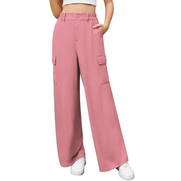 Uvplove Womens High Waisted Wide Leg Cargo Pants Baggy Casual Work Trousers with 4 Pockets,Pink,S