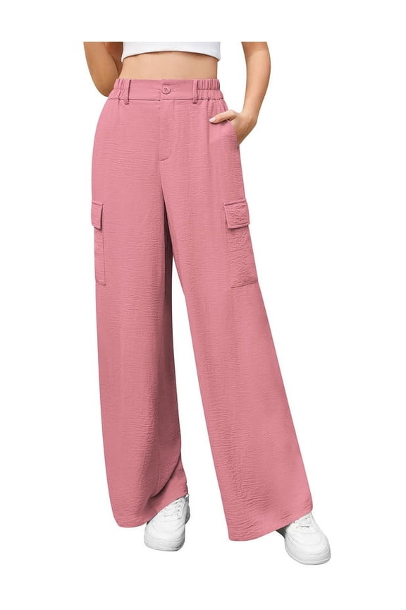Womens High Waisted Wide Leg Cargo Pants Baggy Casual Work Trousers with 4 Pockets,Pink,XXL