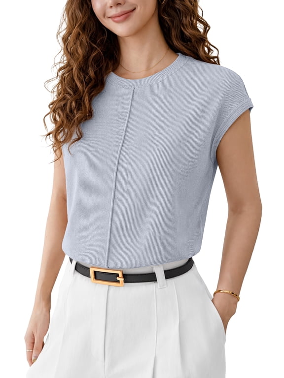 Women's Casual Knit Top Loose Fit Cap Sleeve Soft Stretchy Crew Neck Summer T-Shirt,Blue,M
