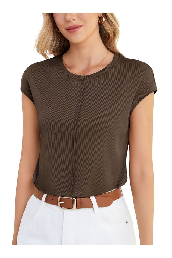 Women's Casual Knit Top Loose Fit Cap Sleeve Soft Stretchy Crew Neck Summer T-Shirt,Brown,XXL