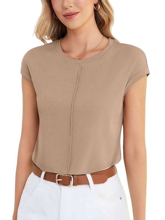 Women's Casual Knit Top Loose Fit Cap Sleeve Soft Stretchy Crew Neck Summer T-Shirt,Camel,L