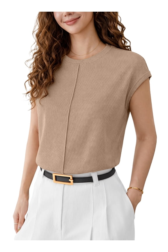 Womens Loose Fit Cap Short Sleeve Knit Top - Soft Stretchy Fabric Summer Casual Crew Neck T-Shirt,Camel,XL