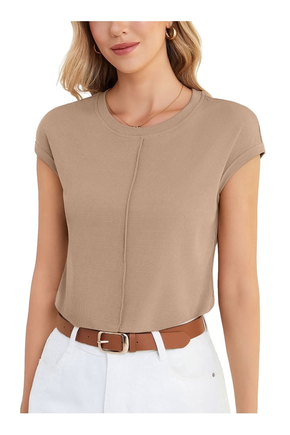 Women's Casual Knit Top Loose Fit Cap Sleeve Soft Stretchy Crew Neck Summer T-Shirt,Camel,XXL