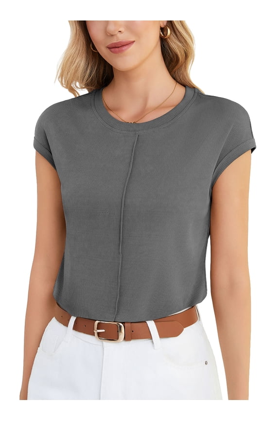 Womens Loose Fit Cap Short Sleeve Knit Top - Soft Stretchy Fabric Summer Casual Crew Neck T-Shirt,Grey,S