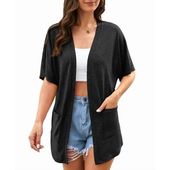 Uvplove Womens Plus Size Short Sleeve Lightweight Cardigan For Women Casual Loose Thin Cardigan Tops With Pockets,Black,3XLarge