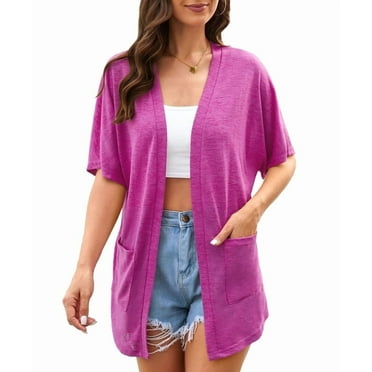 Uvplove Womens Plus Size Short Sleeve Lightweight Cardigan For Women Casual Loose Thin Cardigan Tops With Pockets,Magenta,3XLarge