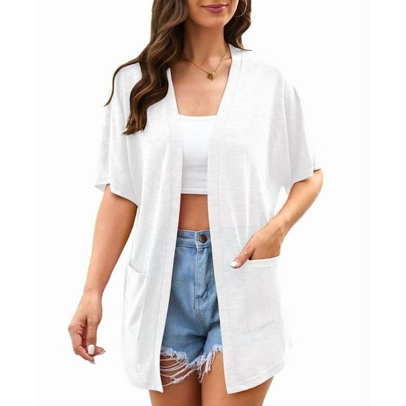 Uvplove Womens Plus Size Short Sleeve Lightweight Cardigan For Women Casual Loose Thin Cardigan Tops With Pockets,White,3XLarge