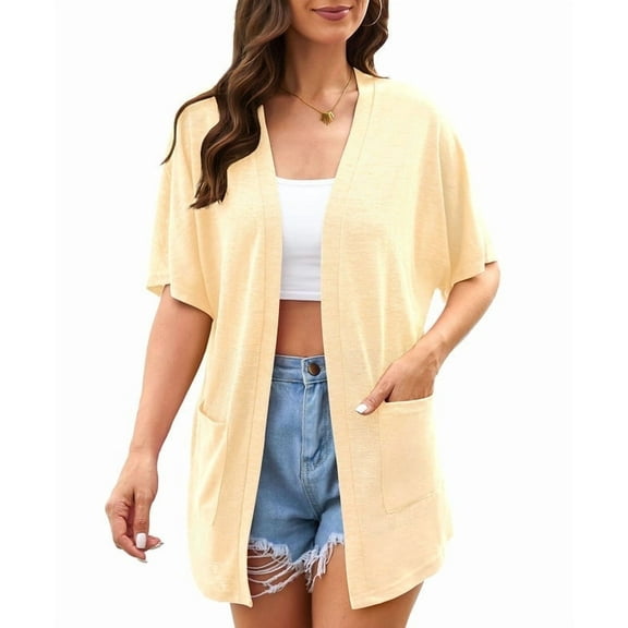 Uvplove Womens Summer Short Sleeve Lightweight Cardigan For Women Casual Loose Thin Cardigan Tops With Pockets,Apricot,Large