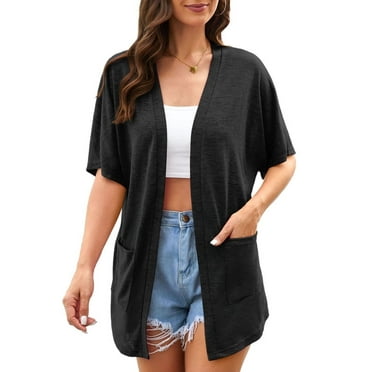 Uvplove Womens Summer Short Sleeve Lightweight Cardigan For Women Casual Loose Thin Cardigan Tops With Pockets,Black,Large
