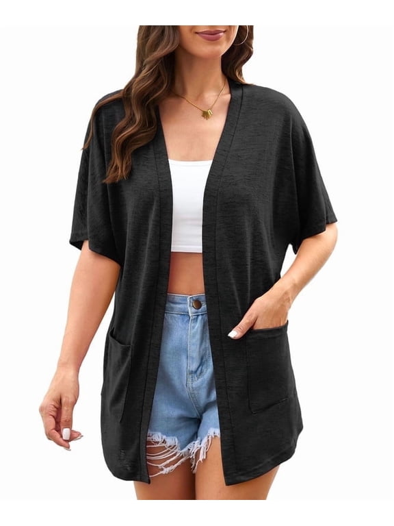 Womens Summer Short Sleeve Lightweight Cardigan For Women Casual Loose Thin Cardigan Tops With Pockets,Black,S