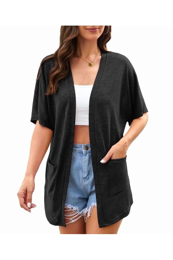 Womens Summer Short Sleeve Lightweight Cardigan For Women Casual Loose Thin Cardigan Tops With Pockets,Black,S