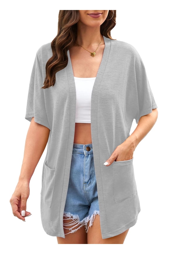 Womens Summer Short Sleeve Lightweight Cardigan For Women Casual Loose Thin Cardigan Tops With Pockets,Grey,3XL
