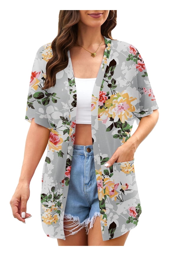 Womens Summer Short Sleeve Lightweight Cardigan For Women Casual Loose Thin Cardigan Tops With Pockets,Grey Print,S