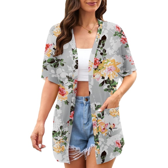 Uvplove Womens Summer Short Sleeve Lightweight Cardigan For Women Casual Loose Thin Cardigan Tops With Pockets,Grey Print,XL