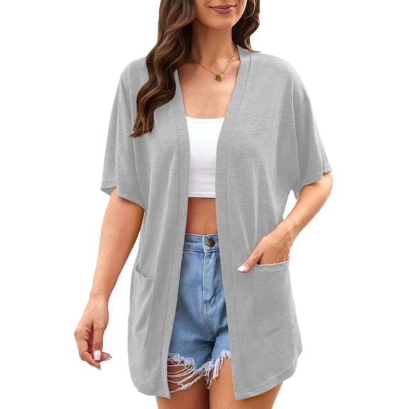 Uvplove Womens Summer Short Sleeve Lightweight Cardigan For Women Casual Loose Thin Cardigan Tops With Pockets,Grey,XL