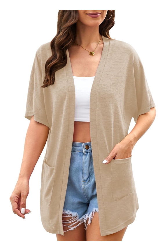 Womens Summer Short Sleeve Lightweight Cardigan For Women Casual Loose Thin Cardigan Tops With Pockets,Khaki,XL