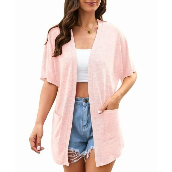Uvplove Womens Summer Short Sleeve Lightweight Cardigan For Women Casual Loose Thin Cardigan Tops With Pockets,Light Pink,XLarge