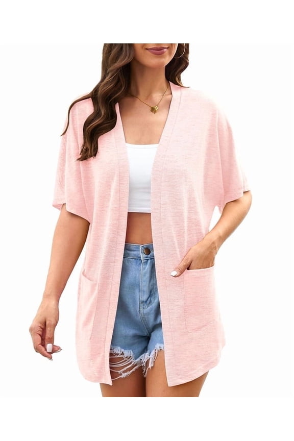 Womens Summer Short Sleeve Lightweight Cardigan For Women Casual Loose Thin Cardigan Tops With Pockets,Light Pink,XLarge