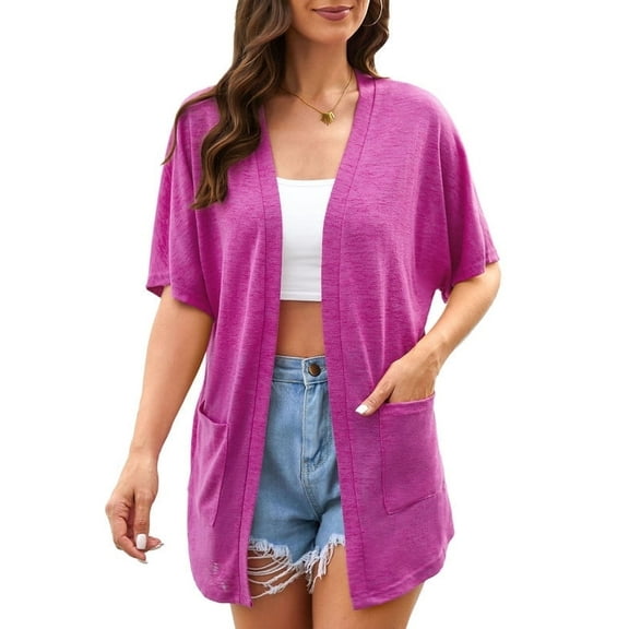 Uvplove Womens Summer Short Sleeve Lightweight Cardigan For Women Casual Loose Thin Cardigan Tops With Pockets,Magenta,Large