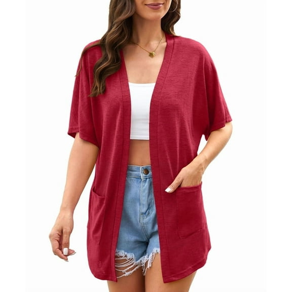 Uvplove Womens Summer Short Sleeve Lightweight Cardigan For Women Casual Loose Thin Cardigan Tops With Pockets,Maroon,XLarge