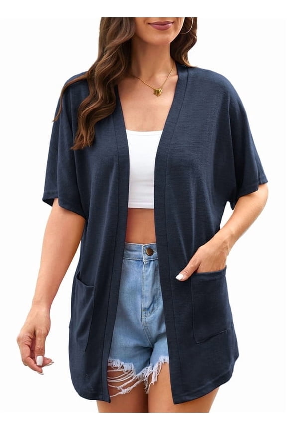 Womens Summer Short Sleeve Lightweight Cardigan For Women Casual Loose Thin Cardigan Tops With Pockets,Navy Blue,M