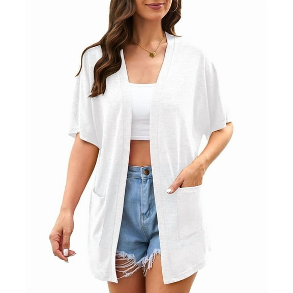Uvplove Womens Summer Short Sleeve Lightweight Cardigan For Women Casual Loose Thin Cardigan Tops With Pockets,White,Large