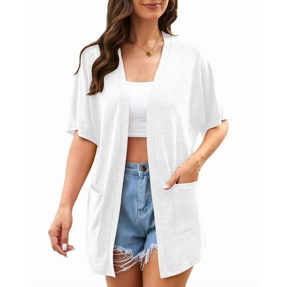 Uvplove Womens Summer Short Sleeve Lightweight Cardigan For Women Casual Loose Thin Cardigan Tops With Pockets,White,Large