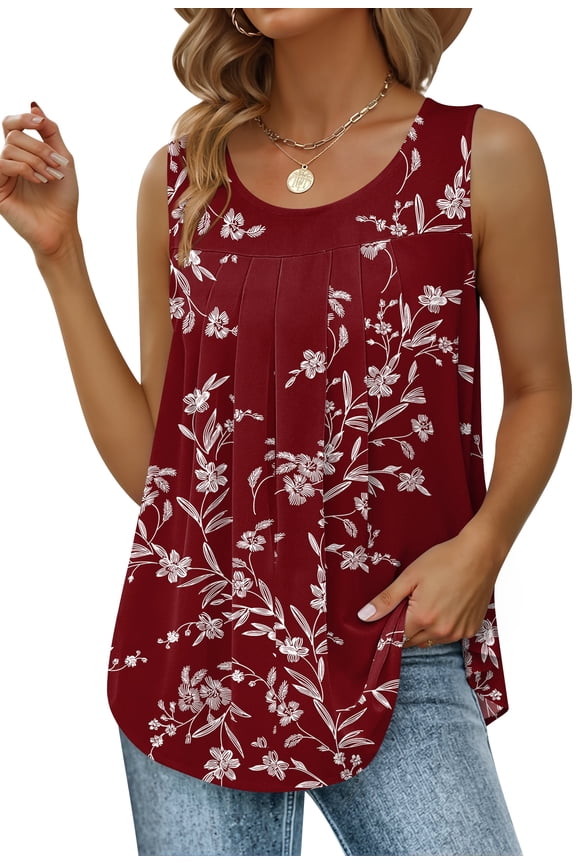Womens Summer Tank Tops Sleeveless Chiffon Blouse Loose Round Neck Casual Shirts,Red Leaves,XL