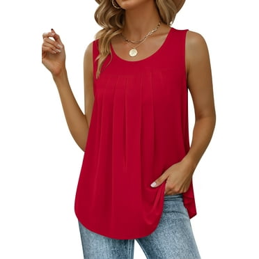 Uvplove Womens Summer Tank Tops Sleeveless Chiffon Blouse Loose Round Neck Casual Shirts,Red,S