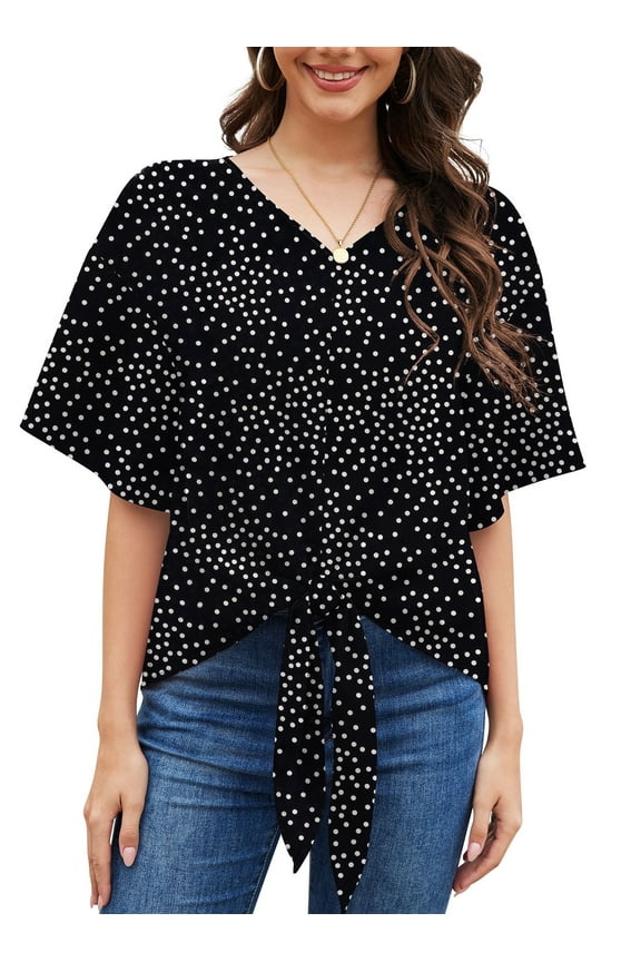 Womens Tie Front Blouses V Neck Short Sleeve Chiffon Tops Dressy Casual Summer Shirts,Black Dot,US Size S