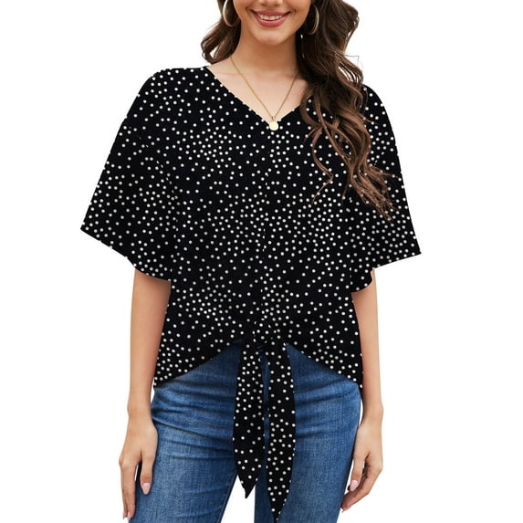 Uvplove Womens Tie Front Blouses V Neck Short Sleeve Chiffon Tops Dressy Casual Summer Shirts,Black Dot,US Size XXL